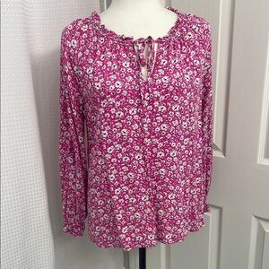 Bohemian Long Sleeve Blouse Pink with White Flowers Ruffles & Tie Front Size M